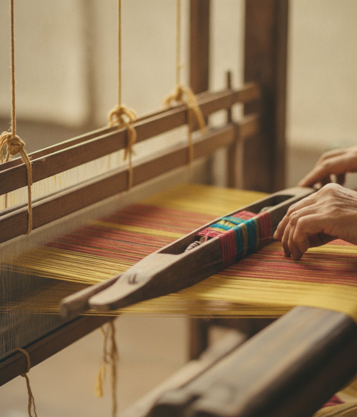 An artisan's hands guiding thread through a wooden shuttle on a traditional loom.