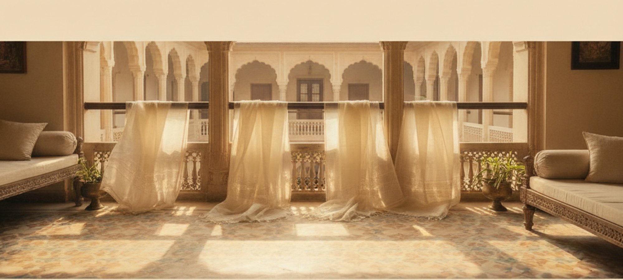 A sun-drenched veranda in an old Indian haveli with ivory cotton sarees draped over a wooden banister.