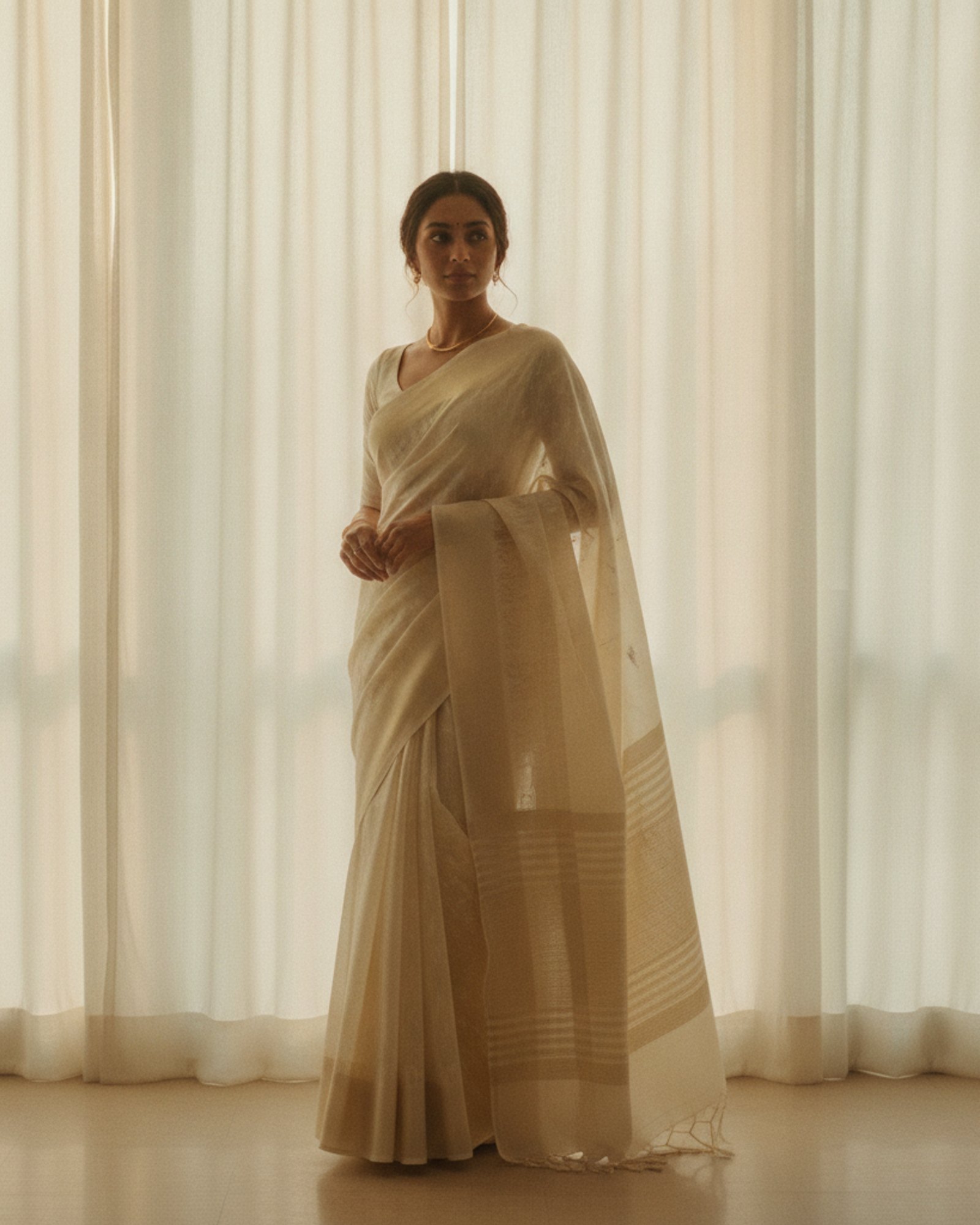 A woman in a handwoven indigo saree standing against soft linen curtains, lit by warm afternoon sunlight.