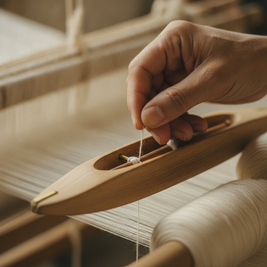 An artisan's hand guiding thread through a wooden shuttle.