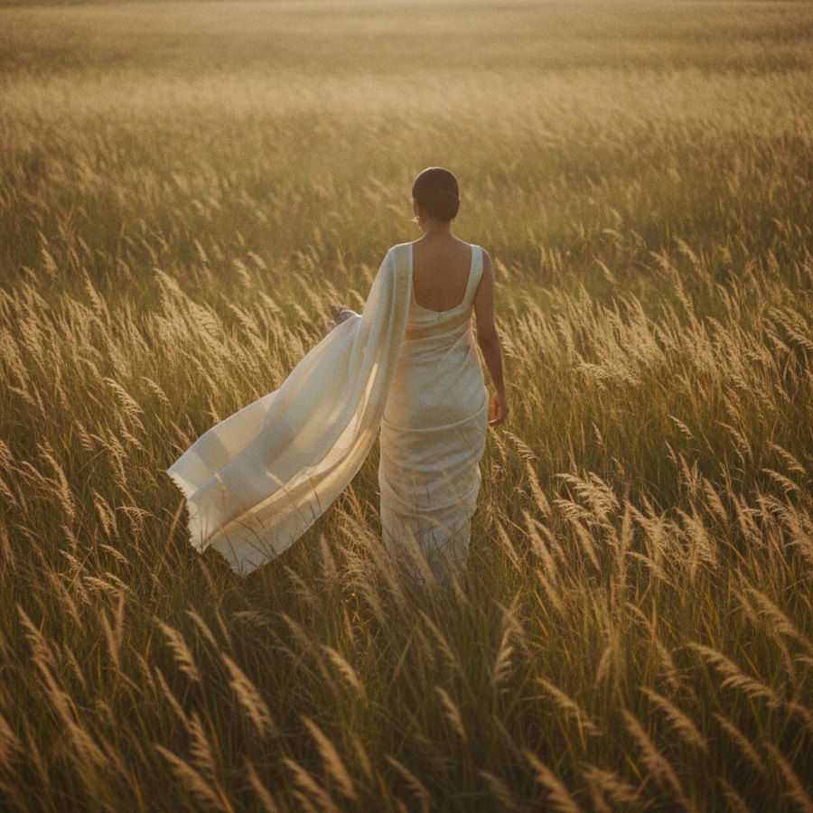 A woman walking through a field of tall grass in a cream silk saree.