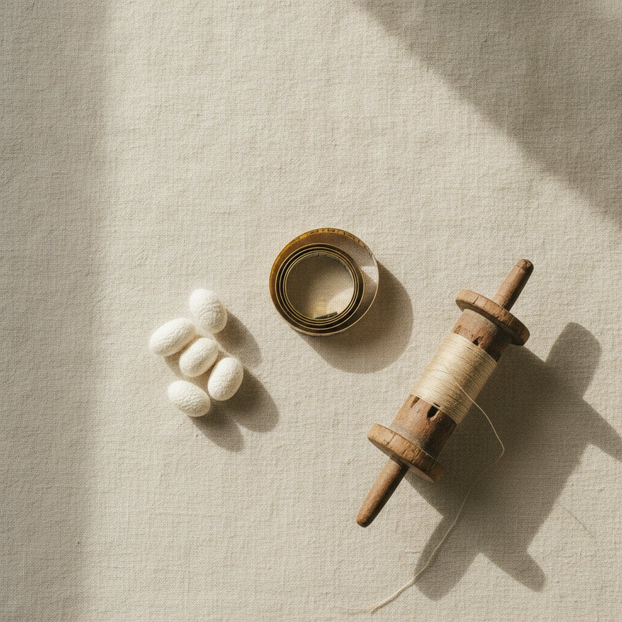 A flat-lay of traditional weaving tools on an ivory linen surface.