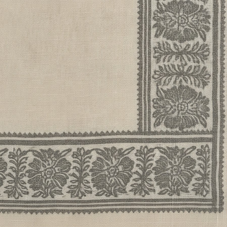 A close-up of a saree border with hand-blocked floral patterns.