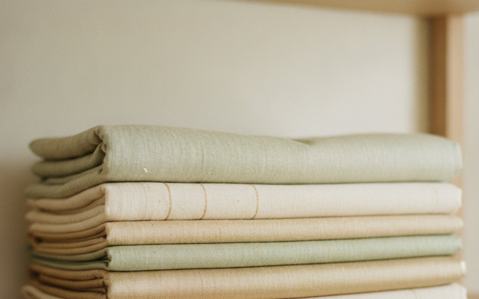 A stack of folded handwoven sarees in soft pastel tones on a wooden shelf.
